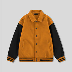 Orange Collared Varsity Jacket Black Leather Sleeves - Jack N Hoods