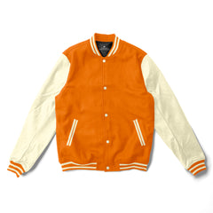 Orange Varsity Jacket Cream Leather Sleeves - Jack N Hoods