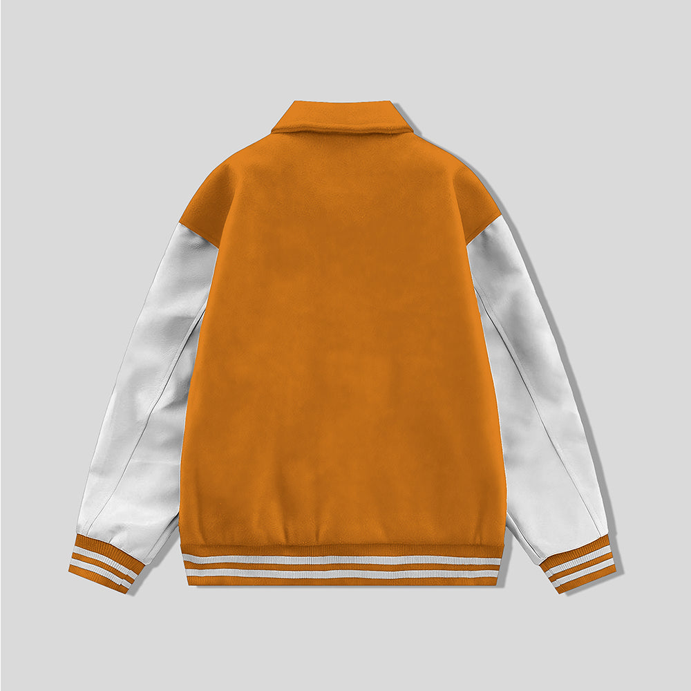 Orange Collared Varsity Jacket White Leather Sleeves - Jack N Hoods