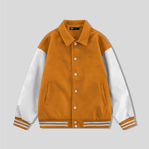 Orange Collared Varsity Jacket White Leather Sleeves - Jack N Hoods