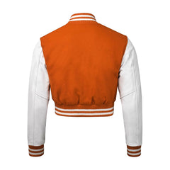 Women Orange Crop Varsity Jacket with White Leather Sleeves  - Jack N Hoods