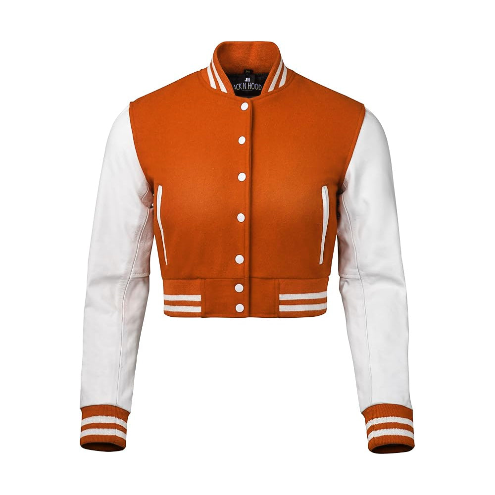 Women Orange Crop Varsity Jacket with White Leather Sleeves  - Jack N Hoods