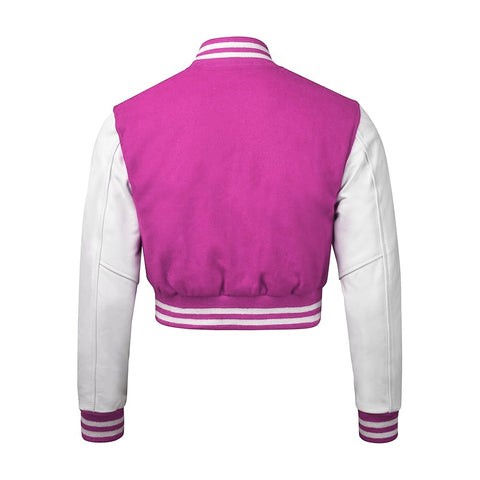 Women Pink Crop Varsity Jacket with White Leather Sleeves  - Jack N Hoods