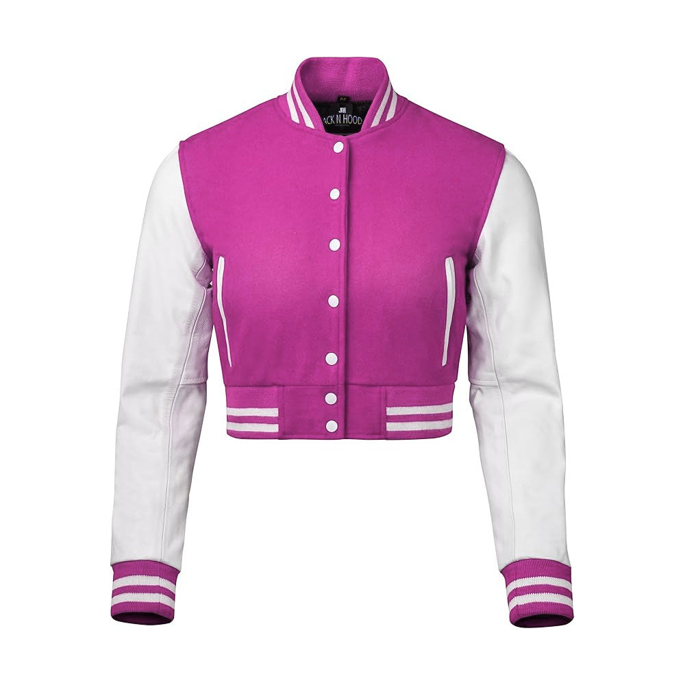 Women Pink Crop Varsity Jacket with White Leather Sleeves  - Jack N Hoods