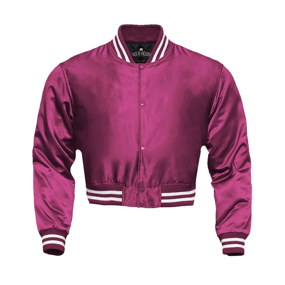 Pink Cropped Satin Full-Snap Varsity Jacket - Jack N Hoods