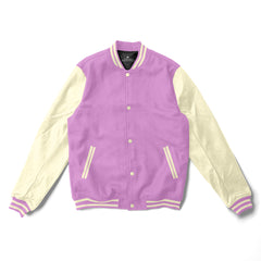 Pink Varsity Jacket Cream Leather Sleeves - Jack N Hoods