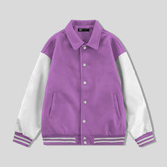 Pink Collared Varsity Jacket White Leather Sleeves - Jack N Hoods