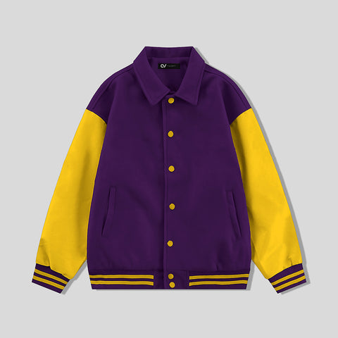 Purple Byron Collar All Wool Varsity Jacket Gold Sleeves - Jack N Hoods