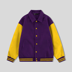 Purple Collared Varsity Jacket Gold Leather Sleeves - Jack N Hoods