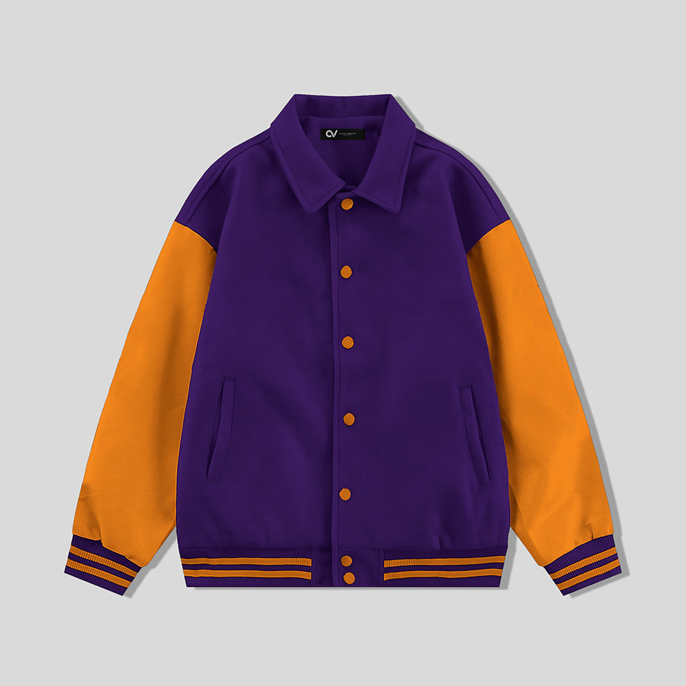 Purple Collared Varsity Jacket Orange Leather Sleeves - Jack N Hoods