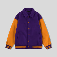 Purple Collared Varsity Jacket Orange Leather Sleeves - Jack N Hoods