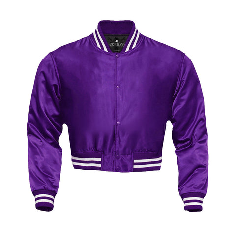 Purple Cropped Satin Full-Snap Varsity Jacket - Jack N Hoods