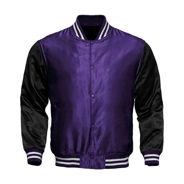 Purple Satin Full Snap Varsity Jacket with Black Sleeves Jack N Hood Jacks n Hoods