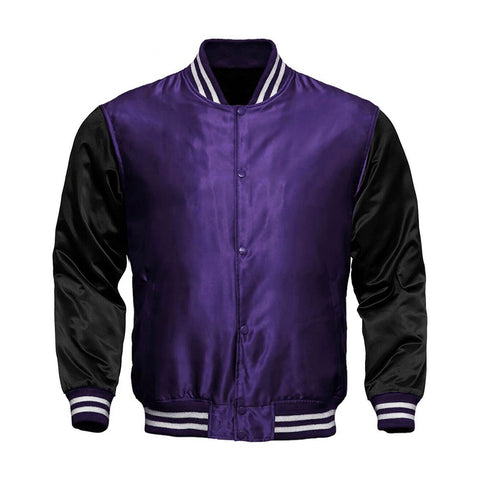 Purple Satin Full-Snap Varsity Jacket with Black Sleeves - Jack N Hoods