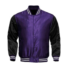 Purple Satin Full-Snap Varsity Jacket with Black Sleeves - Jack N Hoods