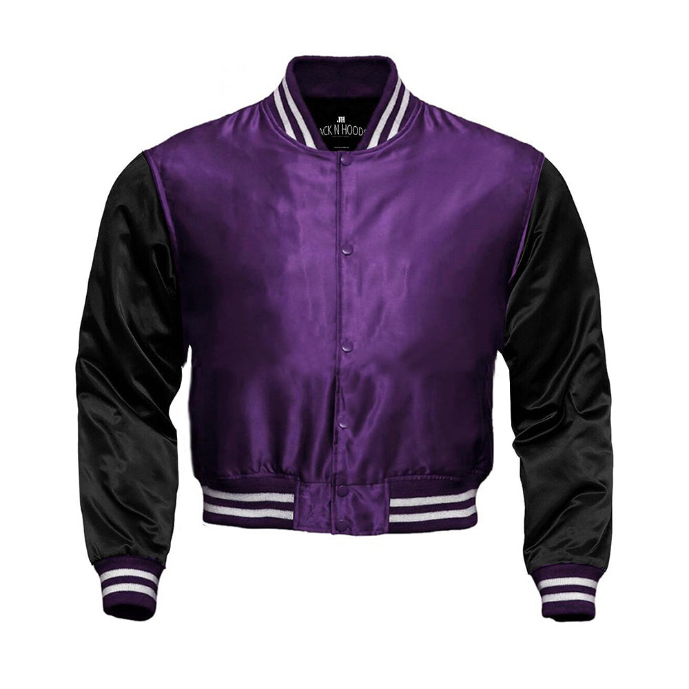 Purple Cropped Satin Full-Snap Varsity Jacket with Black Sleeves - Jack N Hoods