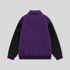 Purple Collared Varsity Jacket Black Leather Sleeves - Jack N Hoods
