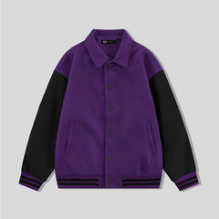 Purple Collared Varsity Jacket Black Leather Sleeves - Jack N Hoods