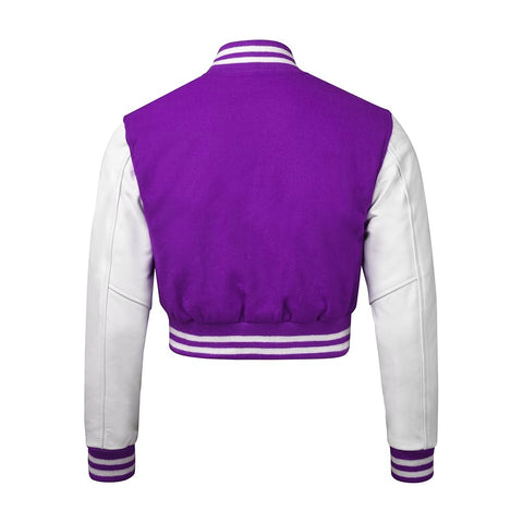 Women Purple Crop Varsity Jacket with White Leather Sleeves  - Jack N Hoods