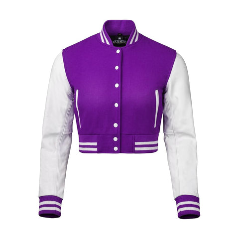 Women Purple Crop Varsity Jacket with White Leather Sleeves  - Jack N Hoods