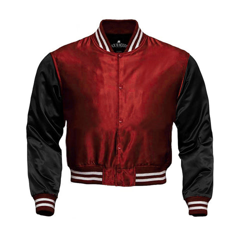 Red Cropped Satin Full-Snap Varsity Jacket with Black Sleeves - Jack N Hoods