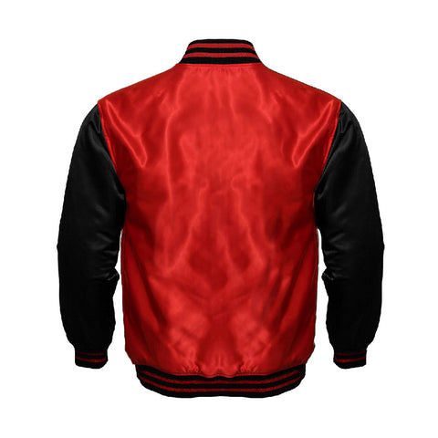 Red Satin Full-Snap Varsity Jacket with Black Sleeves - Jack N Hoods