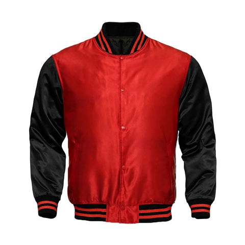 Red Satin Full-Snap Varsity Jacket with Black Sleeves - Jack N Hoods