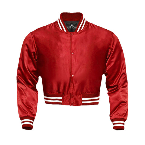 Red Cropped Satin Full-Snap Varsity Jacket - Jack N Hoods