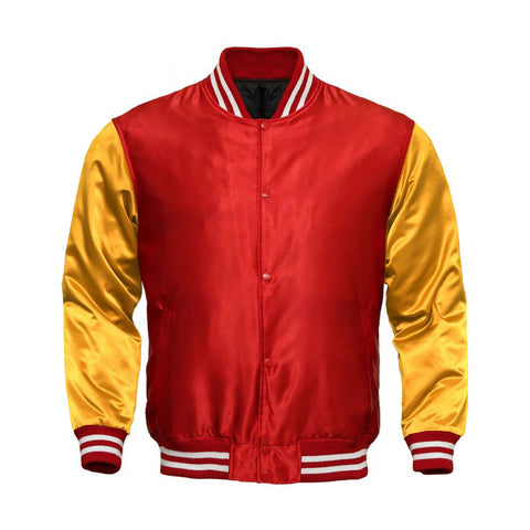 Red Satin Full-Snap Varsity Jacket with Gold Sleeves - Jack N Hoods