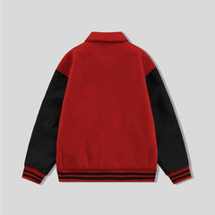 Red Collared Varsity Jacket Black Leather Sleeves - Jack N Hoods