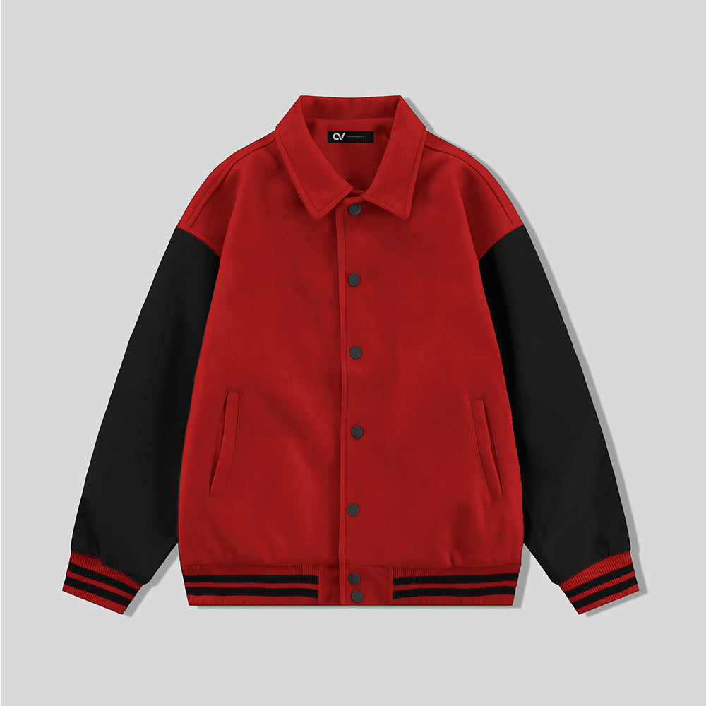 Red Collared Varsity Jacket Black Leather Sleeves - Jack N Hoods