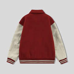 Red Collared Varsity Jacket Cream Leather Sleeves - Jack N Hoods