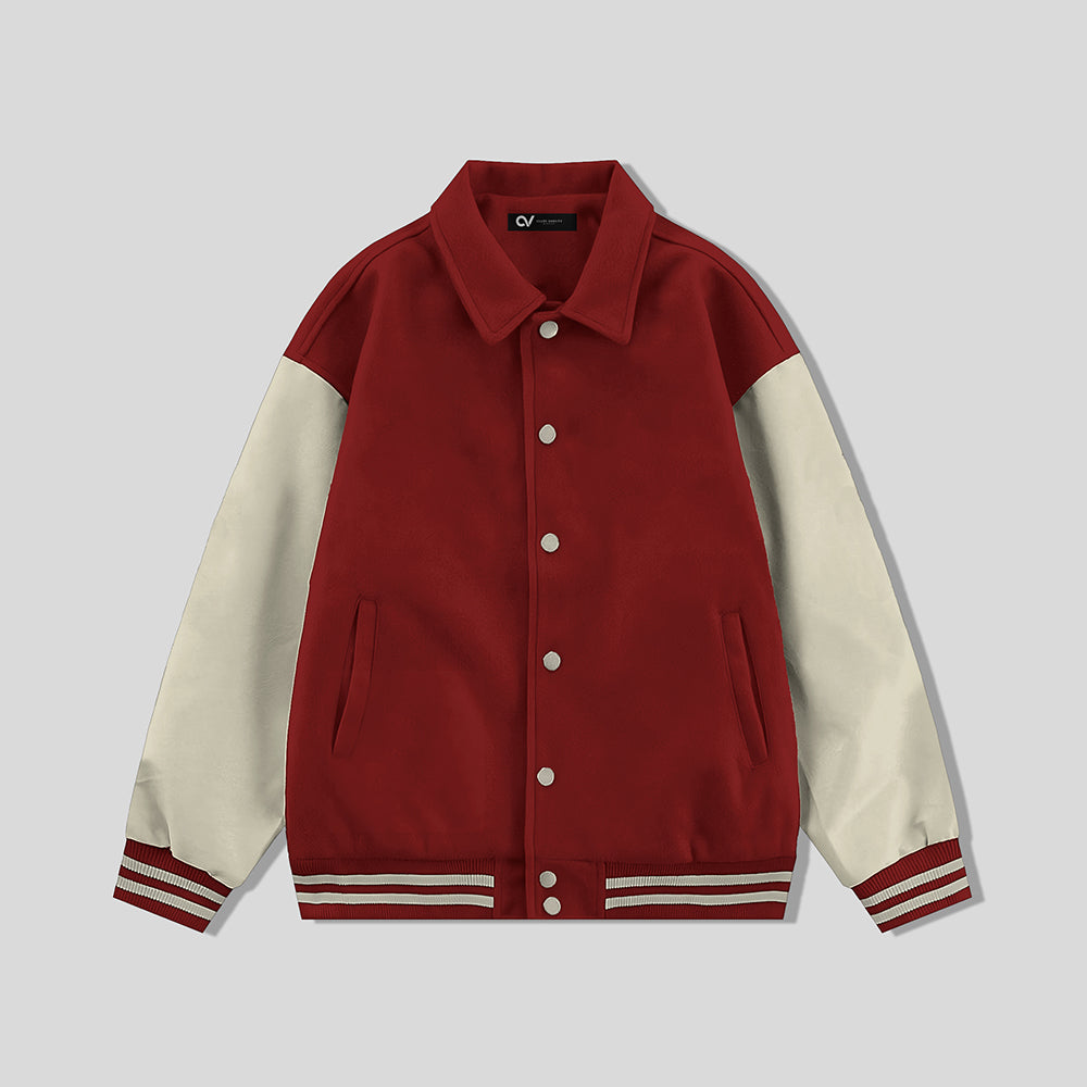 Red Collared Varsity Jacket Cream Leather Sleeves - Jack N Hoods