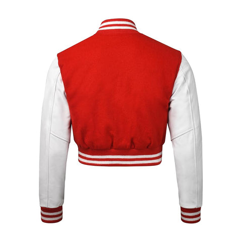 Women Red Crop Varsity Jacket with White Leather Sleeves  - Jack N Hoods