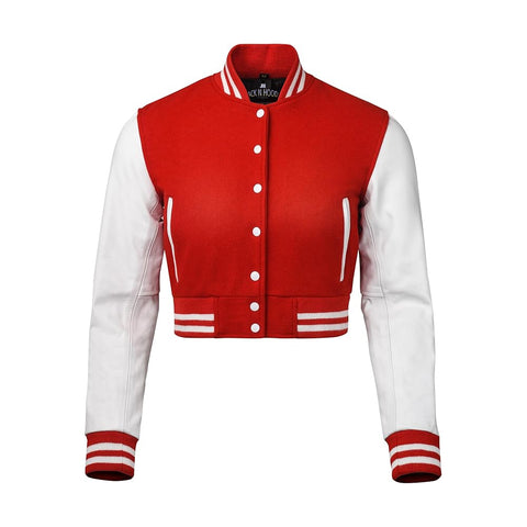 Women Red Crop Varsity Jacket with White Leather Sleeves  - Jack N Hoods