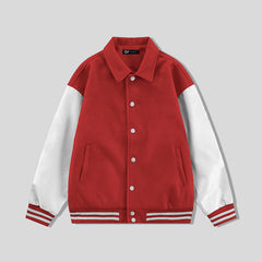 Red Collared Varsity Jacket White Leather Sleeves - Jack N Hoods