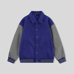 Royal Blue Collared Varsity Jacket Gray Leather Sleeves - Jack N Hoods