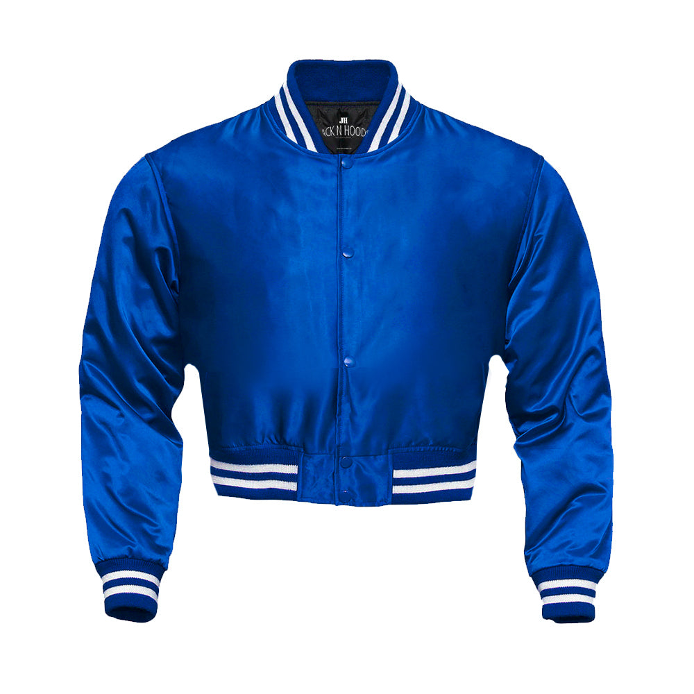 Blue Cropped Satin Full-Snap Varsity Jacket - Jack N Hoods