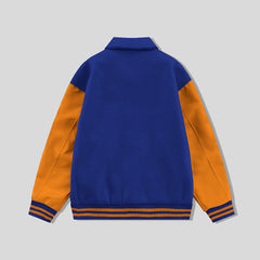 Royal Blue Collared Varsity Jacket Orange Leather Sleeves - Jack N Hoods