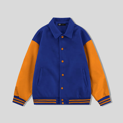 Royal Blue Byron Collar All Wool Varsity Jacket Orange Sleeves - Jack N Hoods
