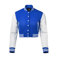 Women Royal Blue Crop Varsity Jacket with White Leather Sleeves  - Jack N Hoods