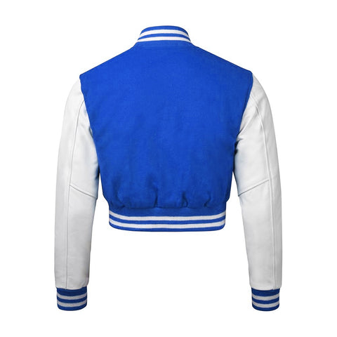 Women Royal Blue Crop Varsity Jacket with White Leather Sleeves  - Jack N Hoods