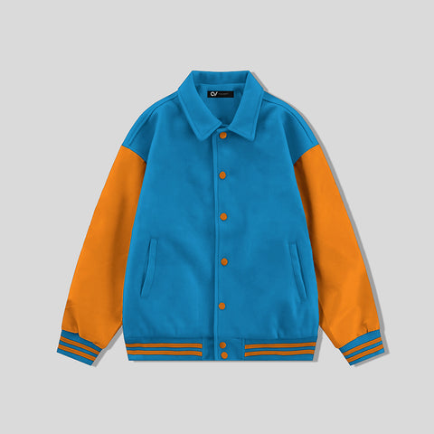 Sky Blue Byron Collar All Wool Varsity Jacket Orange Sleeves - Jack N Hoods
