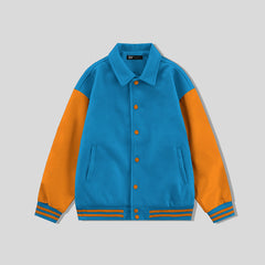 Sky Blue Collared Varsity Jacket Orange Leather Sleeves - Jack N Hoods