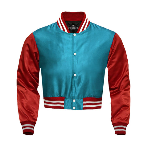 Sky Blue Cropped Satin Full-Snap Varsity Jacket with Red Sleeves - Jack N Hoods