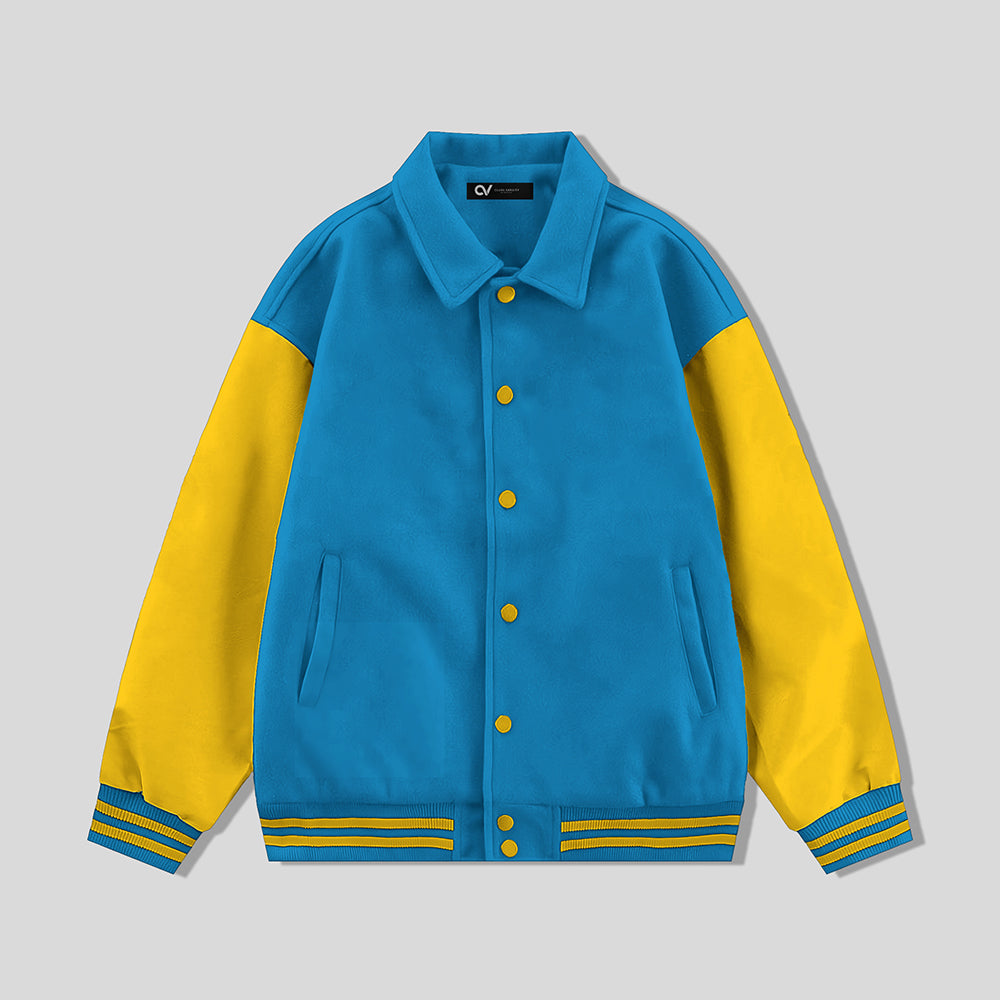 Sky Blue Collared Varsity Jacket Gold Leather Sleeves - Jack N Hoods