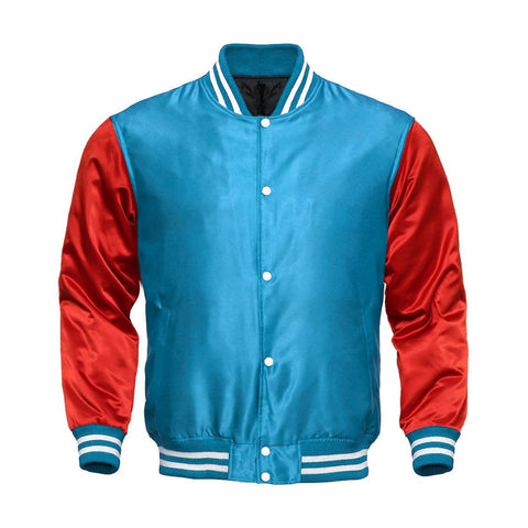 Sky Blue Satin Full-Snap Varsity Jacket with Red Sleeves - Jack N Hoods