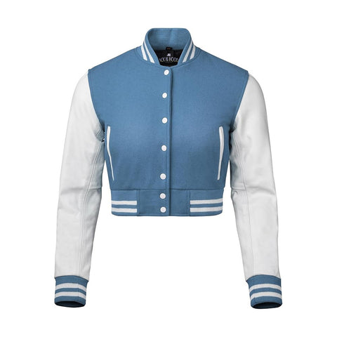 Women Sky Blue Crop Varsity Jacket with White Leather Sleeves  - Jack N Hoods