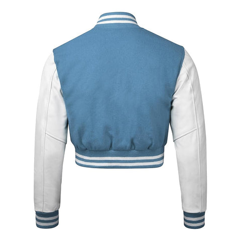 Women Sky Blue Crop Varsity Jacket with White Leather Sleeves  - Jack N Hoods