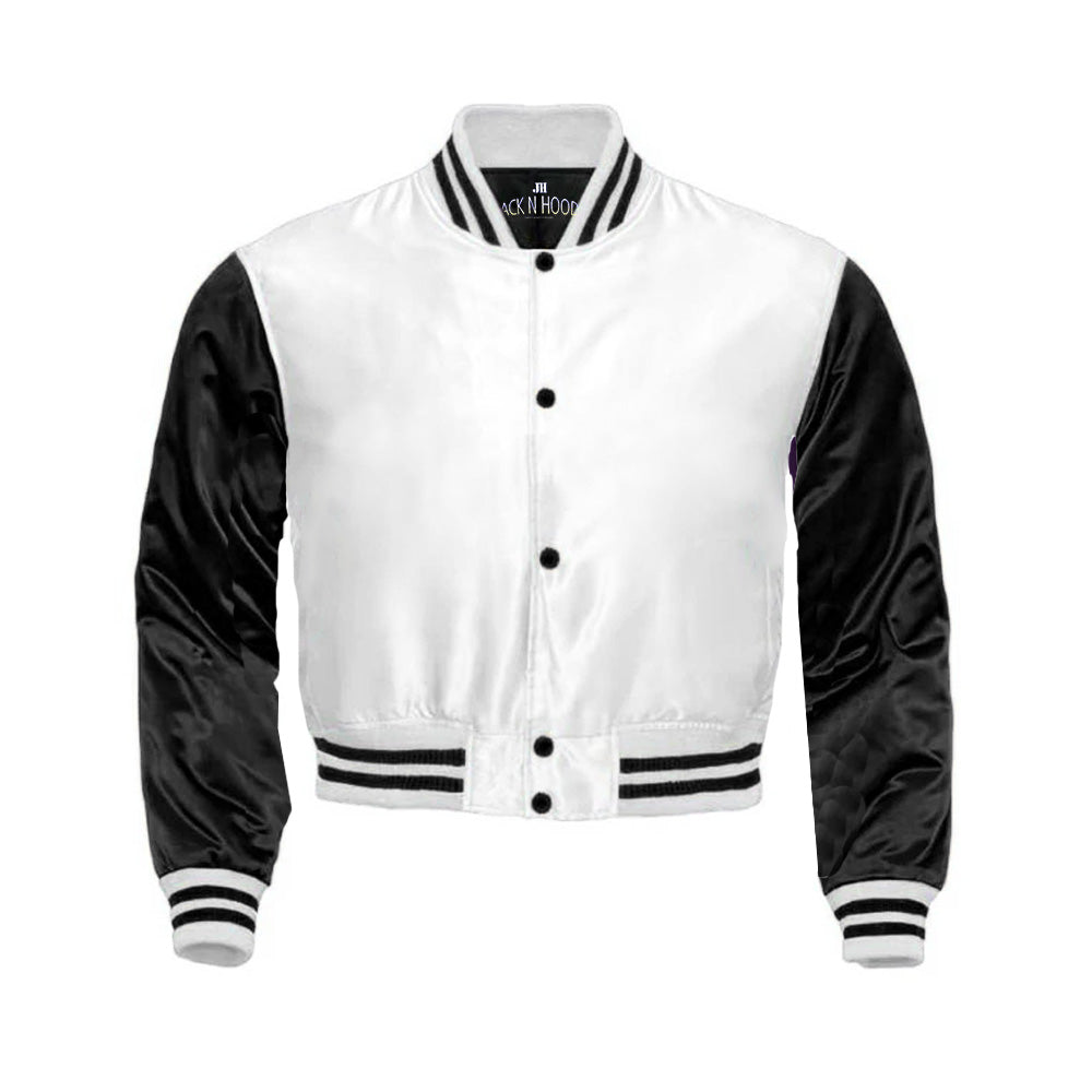 White Cropped Satin Full-Snap Varsity Jacket with Black Sleeves - Jack N Hoods